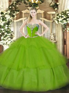 Tulle Lace Up Quinceanera Dress Sleeveless Floor Length Beading and Ruffled Layers