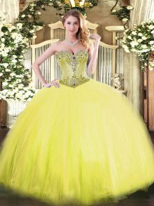 Noble Yellow Lace Up 15th Birthday Dress Beading Sleeveless Floor Length