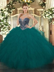 High Quality Teal Sweetheart Lace Up Beading and Ruffles Ball Gown Prom Dress Sleeveless