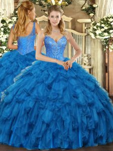 Floor Length Lace Up Vestidos de Quinceanera Blue for Military Ball and Sweet 16 and Quinceanera with Beading and Ruffles