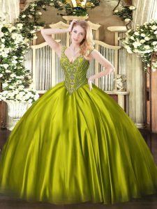 Comfortable V-neck Sleeveless Lace Up Quince Ball Gowns Olive Green Satin