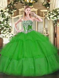 Beautiful Green Lace Up Sweet 16 Dresses Beading and Ruffled Layers Sleeveless Floor Length