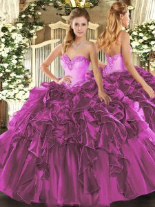 Ideal Fuchsia Sweetheart Neckline Beading and Ruffles 15th Birthday Dress Sleeveless Lace Up