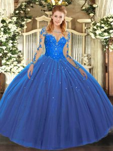 Elegant Blue Long Sleeves Lace Floor Length Quinceanera Dress