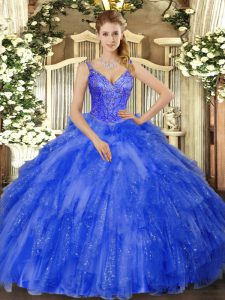 Tulle V-neck Sleeveless Lace Up Beading and Ruffles Vestidos de Quinceanera in Royal Blue