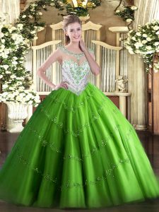 Ball Gowns Beading and Appliques 15th Birthday Dress Zipper Tulle Sleeveless Floor Length