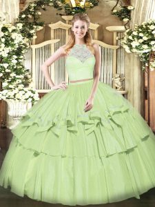 Olive Green Scoop Zipper Lace and Ruffled Layers Quinceanera Gowns Sleeveless