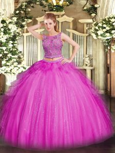Clearance Fuchsia Two Pieces Beading and Ruffles Sweet 16 Dress Lace Up Tulle Sleeveless Floor Length