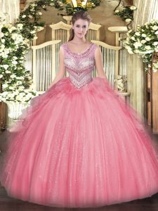 Watermelon Red Sleeveless Floor Length Beading and Ruffles Lace Up Quinceanera Dress
