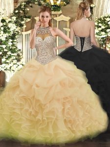New Style Champagne Sleeveless Organza Lace Up Quinceanera Dress for Military Ball and Sweet 16 and Quinceanera
