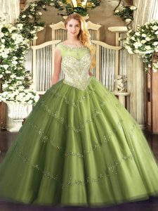 Tulle Scoop Cap Sleeves Zipper Beading Quinceanera Gowns in Olive Green