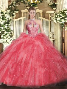 High End Coral Red Lace Up Halter Top Beading and Ruffles Quinceanera Dresses Organza Sleeveless
