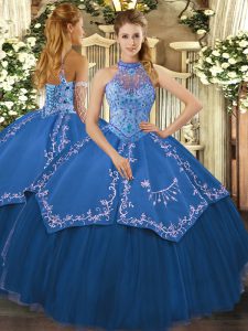 Fitting Halter Top Sleeveless Lace Up Vestidos de Quinceanera Teal Tulle