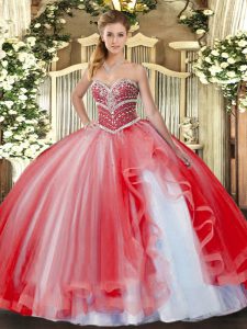 Sweet Sweetheart Sleeveless Tulle 15th Birthday Dress Beading and Ruffles Lace Up