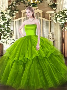 Dynamic Olive Green Ball Gowns Strapless Sleeveless Tulle Brush Train Zipper Ruffled Layers 15th Birthday Dress