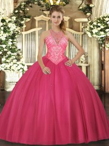 Pretty High-neck Sleeveless Ball Gown Prom Dress Floor Length Beading Hot Pink Tulle