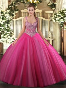 Floor Length Ball Gowns Sleeveless Hot Pink 15th Birthday Dress Lace Up