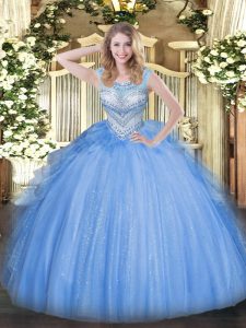 Blue Lace Up Sweet 16 Dresses Beading Sleeveless Floor Length