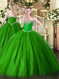 Chic Sleeveless Tulle Floor Length Lace Up Quinceanera Gown in Green with Beading