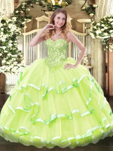 Appliques and Ruffled Layers Military Ball Gown Yellow Green Lace Up Sleeveless Floor Length