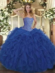 Delicate Ball Gowns Ball Gown Prom Dress Royal Blue Sweetheart Tulle Sleeveless Floor Length Lace Up