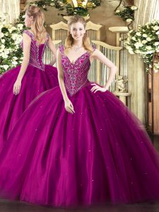 Best Selling Fuchsia Tulle Lace Up V-neck Sleeveless Floor Length Ball Gown Prom Dress Beading