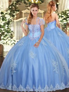 Nice Light Blue Ball Gowns Strapless Sleeveless Tulle Floor Length Lace Up Beading and Appliques Quinceanera Gowns