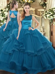 Gorgeous Teal Tulle Lace Up 15 Quinceanera Dress Sleeveless Floor Length Ruffles