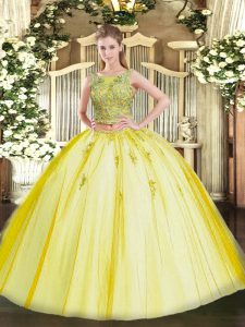 Cheap Sleeveless Floor Length Beading and Appliques Lace Up Quinceanera Gown with Yellow