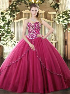 Noble Hot Pink Tulle Lace Up Quinceanera Gowns Sleeveless Brush Train Beading