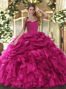 Floor Length Hot Pink Sweet 16 Dresses Halter Top Sleeveless Lace Up