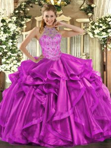 Beading and Embroidery and Ruffles Sweet 16 Quinceanera Dress Fuchsia Lace Up Sleeveless Floor Length