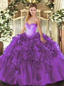 Purple Sweetheart Neckline Beading and Ruffles Quince Ball Gowns Sleeveless Lace Up