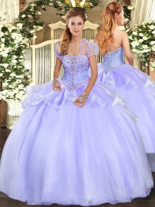 Designer Strapless Sleeveless Lace Up Quince Ball Gowns Lavender Organza