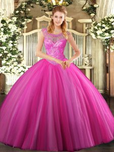 Fantastic Hot Pink Ball Gown Prom Dress Sweet 16 and Quinceanera with Beading Scoop Sleeveless Lace Up