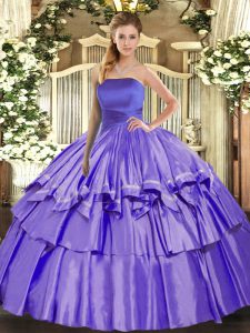 Colorful Lavender Organza Lace Up Strapless Sleeveless Floor Length 15th Birthday Dress Ruffled Layers