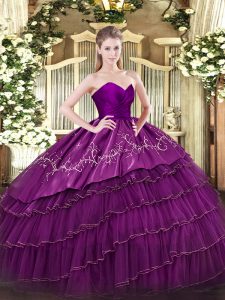 Eggplant Purple Sweetheart Neckline Embroidery and Ruffled Layers Ball Gown Prom Dress Sleeveless Zipper