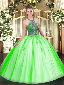 Designer Ball Gowns Halter Top Sleeveless Tulle Floor Length Lace Up Beading Quinceanera Dress