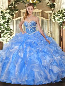 Clearance Floor Length Baby Blue Quinceanera Gowns Organza Sleeveless Beading and Ruffles