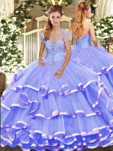 Stylish Sleeveless Floor Length Appliques and Ruffled Layers Lace Up Quinceanera Dresses with Lavender