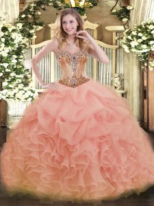 Sweetheart Sleeveless Quince Ball Gowns Floor Length Beading and Ruffles and Pick Ups Peach Organza