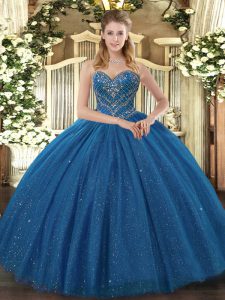 Smart Teal Ball Gowns Sweetheart Sleeveless Tulle Floor Length Lace Up Beading Sweet 16 Dress