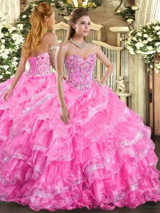 Rose Pink Organza Lace Up Quinceanera Gown Sleeveless Floor Length Embroidery and Ruffled Layers