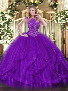 Noble Purple Scoop Zipper Beading and Ruffles 15th Birthday Dress Sleeveless