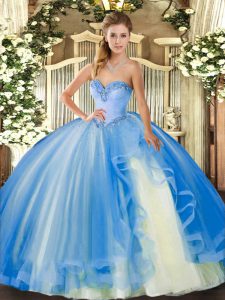 Spectacular Baby Blue Lace Up Quinceanera Dresses Beading and Ruffles Sleeveless Floor Length