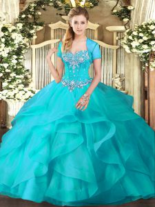 Affordable Aqua Blue Ball Gowns Beading and Ruffles Juniors Party Dress Lace Up Tulle Sleeveless Floor Length