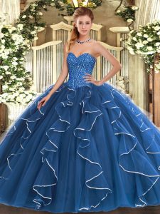 High Quality Blue Sleeveless Floor Length Beading and Ruffles Lace Up Quinceanera Dress