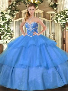Delicate Blue Tulle Lace Up Sweetheart Sleeveless Floor Length Ball Gown Prom Dress Beading and Ruffled Layers