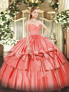 Beading and Lace and Ruffled Layers Ball Gown Prom Dress Watermelon Red Zipper Sleeveless Floor Length