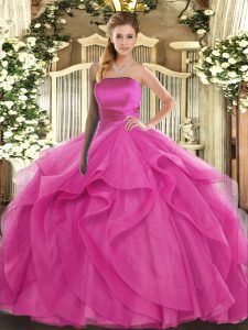 Floor Length Lace Up Quinceanera Gowns Hot Pink for Military Ball and Sweet 16 and Quinceanera with Ruffles